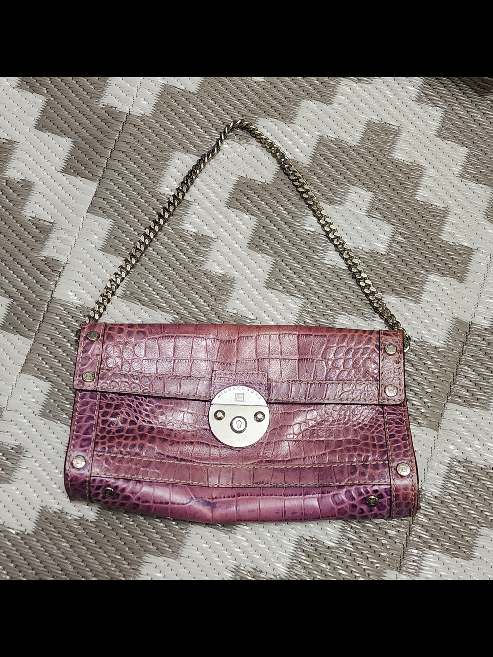 Michael Kors Purple Croc-Embossed Leather Clutch with Chain